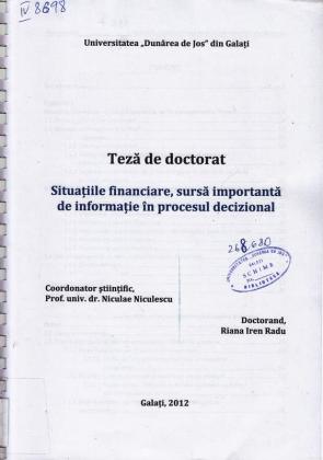 Cover for Situațiile financiare, sursă importantă de informație în procesul decizional: teză de doctorat
