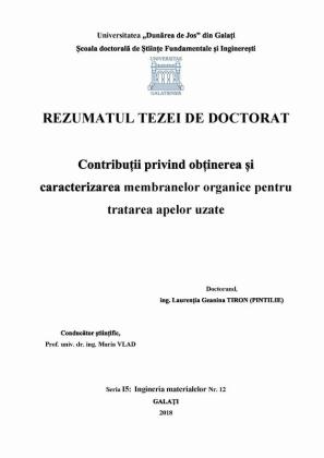 Cover for Contribuții privind obținerea și caracterizarea membranelor organice pentru tratarea apelor uzate: teză de doctorat