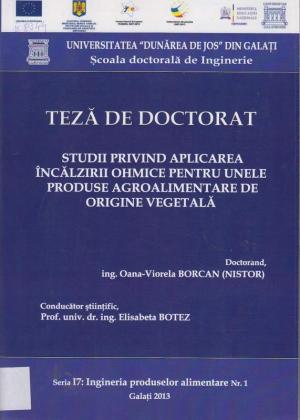 Cover for Studii privind aplicarea încălzirii ohmice pentru unele produse agroalimentare de origine vegetală: teză de doctorat