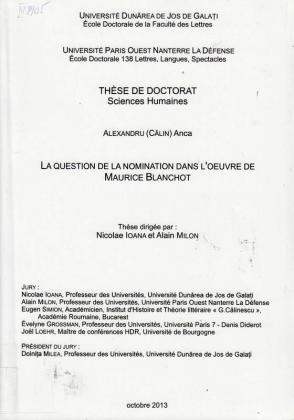 Cover for Problema numirii lucrurilor în opera lui Maurice Blanchot (La question de la nomination dans l'oeuvre de Maurice Blanchot): teză de doctorat