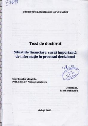 Cover for Situațiile financiare, sursă importantă de informație în procesul decizional: teză de doctorat