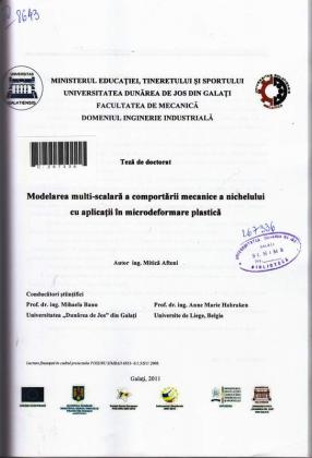 Cover for Modelarea multi-scalară a comportării mecanice a nichelului cu aplicaţii în microdeformare plastică: teză de doctorat