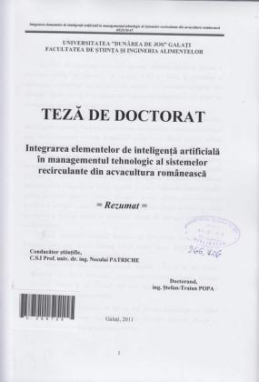 Cover for Integrarea elementelor de inteligență artificială în managementul tehnologic al sistemelor recirculante din acvacultura românească: teză de doctorat